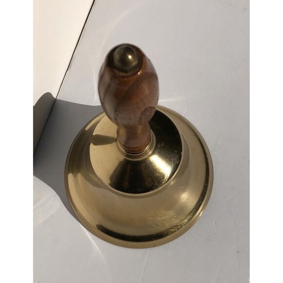 Vintage 8 1/2” Brass Bell With Wooden Handle 5" Diameter Hand Size Table/Desk - Picture 7 of 9